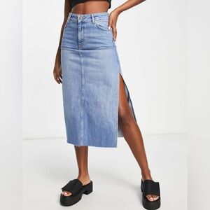Topshop Denim Double‎ Split Raw Hem Midi Skirt